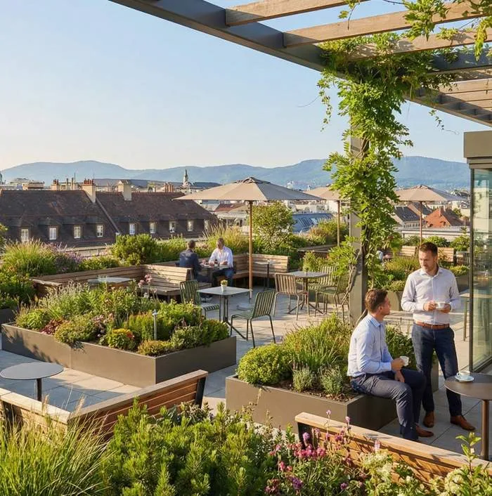 Aménagement extérieur floral d'un rooftop à Annecy, Annecy, TERR'PAYSAGE